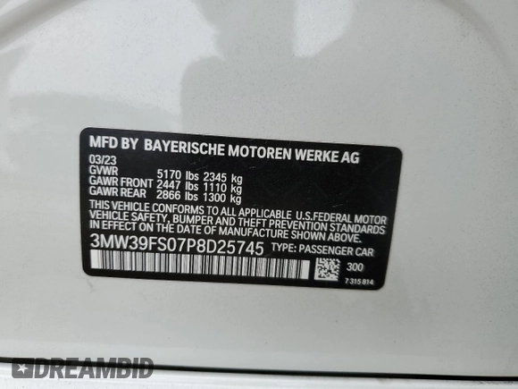 2023 BMW 3 Series 330e xDrive with VIN 3MW39FS07P8D25745, listed as a Copart auction lot 71863424 with 8,304 mi miles and Salvage Title. Bid and sale history available at carsss.com. Image 14.
