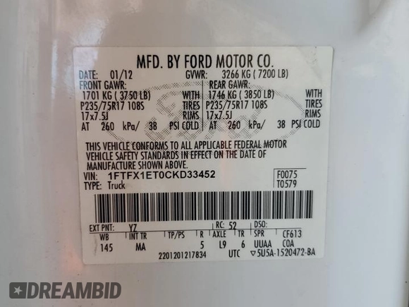 2012 Ford F-150 XL with VIN 1FTFX1ET0CKD33452, listed as a Copart auction lot 52825595 with 187,934 mi miles and Salvage Title. Bid and sale history available at carsss.com. Image 14.