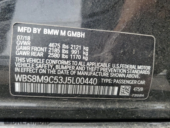 2018 BMW M3 z VIN WBS8M9C53J5L00440, wystawiony jako Copart lot #54178485 z przebiegiem 47 451 mil mil oraz Szkoda całkowita • Salvage title. Historia ofert i sprzedaży dostępna na DreamBid. Obrazek 13.