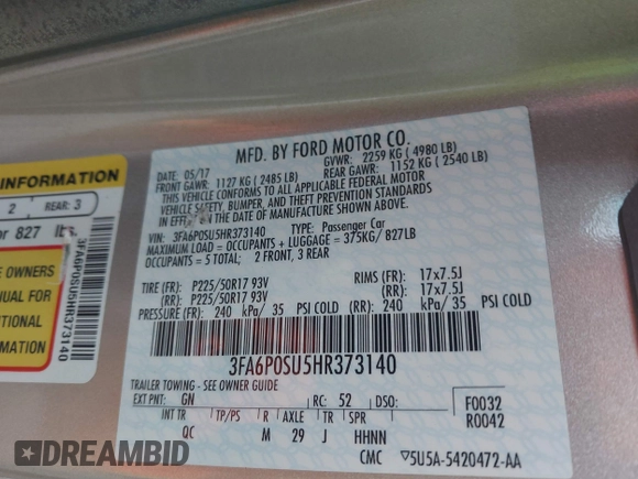 2017 Ford Fusion Titanium z VIN 3FA6P0SU5HR373140, wystawiony jako IAAI lot #41082406 z przebiegiem 98 422 mil mil oraz . Historia ofert i sprzedaży dostępna na DreamBid. Obrazek 9.