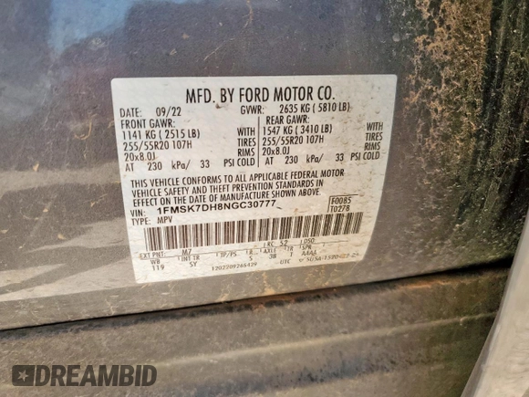 2022 Ford Explorer XLT z VIN 1FMSK7DH8NGC30777, wystawiony jako Copart lot #60958195 z przebiegiem 47 804 mil mil oraz Szkoda całkowita • Salvage title. Historia ofert i sprzedaży dostępna na DreamBid. Obrazek 13.