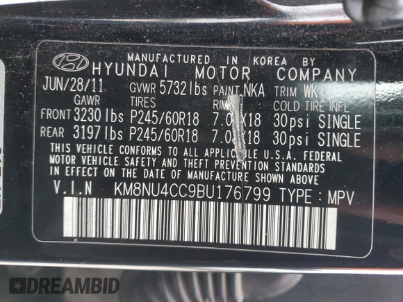 2011 Hyundai Veracruz Limited with VIN KM8NU4CC9BU176799, listed as a Copart auction lot 46308045 with 116,775 mi miles and Salvage title. Bid and sale history available at DreamBid. Image 13.