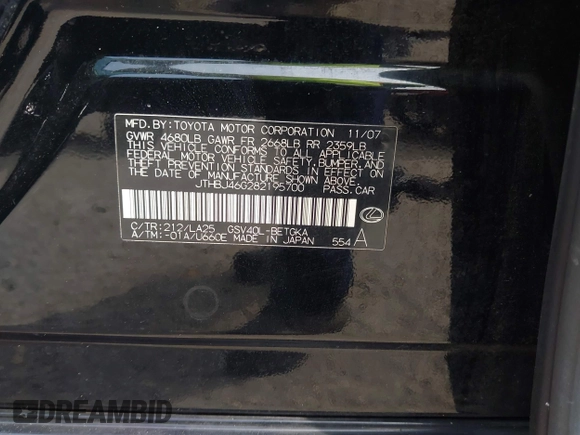 2008 Lexus ES 350 with VIN JTHBJ46G282195700, listed as a IAAI auction lot 41851493 with 198,168 mi miles. Bid and sale history available at carsss.com. Image 9.