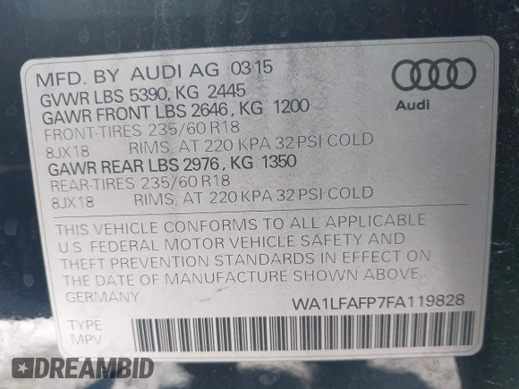2015 Audi Q5 Premium Plus with VIN WA1LFAFP7FA119828, listed as a IAAI auction lot 41023540 with 69,087 mi miles. Bid and sale history available at carsss.com. Image 9.