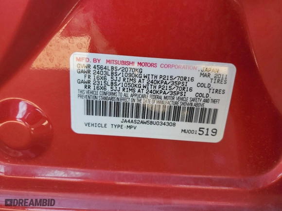 2011 Mitsubishi Outlander ES with VIN JA4AS2AW5BU034308, listed as a Copart auction lot 71497904 with 183,204 mi miles and Salvage Title. Bid and sale history available at carsss.com. Image 15.