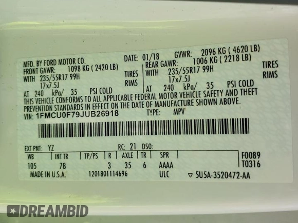 2018 Ford Escape S with VIN 1FMCU0F79JUB26918, listed as a Copart auction lot 56510775 with 184,176 mi miles and Salvage title. Bid and sale history available at DreamBid. Image 13.