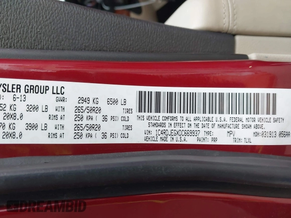 2013 Dodge Durango Citadel with VIN 1C4RDJEGXDC669937, listed as a IAAI auction lot 42105204 with 153,015 mi miles and . Bid and sale history available at DreamBid. Image 9.