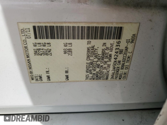 2012 Nissan Altima 2.5 S with VIN 1N4AL2AP3CN424336, listed as a Copart auction lot 51191065 with 219,179 mi miles and Salvage Title. Bid and sale history available at carsss.com. Image 14.