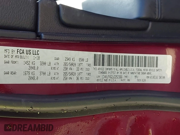2018 Jeep Grand Cherokee Laredo E with VIN 1C4RJFAG2JC252366, listed as a IAAI auction lot 41742000 with 135,050 mi miles and . Bid and sale history available at DreamBid. Image 9.