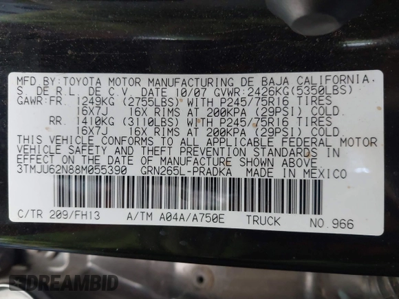 2008 Toyota Tacoma PreRunner with VIN 3TMJU62N88M055390, listed as a IAAI auction lot 41679933 with 247,340 mi miles. Bid and sale history available at carsss.com. Image 9.