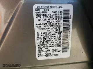 2004 Nissan Murano SL with VIN JN8AZ08W84W323643, listed as a Copart auction lot 66368854 with 190,304 mi miles and Salvage Title. Bid and sale history available at carsss.com. Image 13.