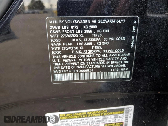 2017 Volkswagen Touareg Wolfsburg Edition with VIN WVGRF7BP9HD006520, listed as a Copart auction lot 84168634 with 76,596 mi miles and Salvage title. Bid and sale history available at DreamBid. Image 14.