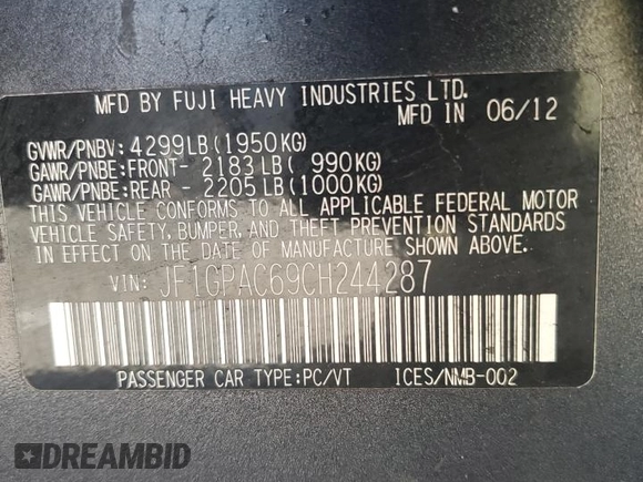 2012 Subaru Impreza Premium z VIN JF1GPAC69CH244287, wystawiony jako Copart lot #49720465 z przebiegiem Nie podano mil oraz Nie do naprawy • Non repairable. Historia ofert i sprzedaży dostępna na DreamBid. Obrazek 15.
