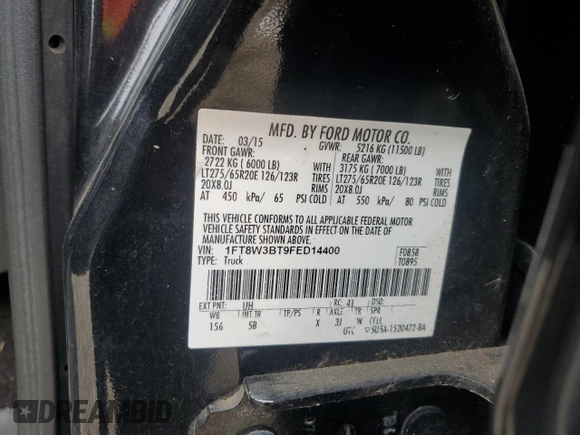 2015 Ford F-350 Platinum with VIN 1FT8W3BT9FED14400, listed as a Copart auction lot 51328055 with 221,505 mi miles and Salvage Title. Bid and sale history available at DreamBid. Image 12.