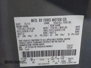 2013 Ford F-150 XL with VIN 1FTFW1ET6DKG16961, listed as a IAAI auction lot 42252221 with 187,924 mi miles and . Bid and sale history available at DreamBid. Image 9.