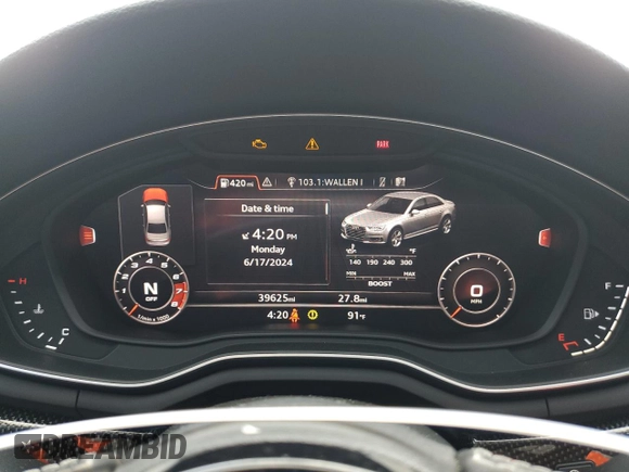 2019 Audi S4 Premium Plus with VIN WAUB4AF45KA067913, listed as a Copart auction lot 59495224 with 39,625 mi miles and Salvage Title. Bid and sale history available at carsss.com. Image 9.