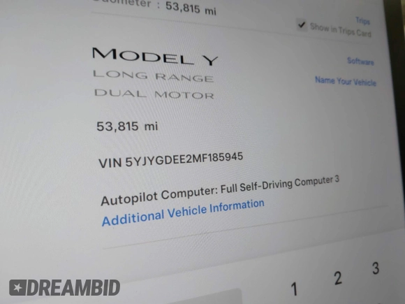 2021 Tesla Model Y Long Range with VIN 5YJYGDEE2MF185945, listed as a IAAI auction lot 41599029 with 53,815 mi miles and . Bid and sale history available at DreamBid. Image 16.