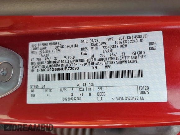 2022 Ford Escape SE with VIN 1FMCU9G68NUB72093, listed as a Copart auction lot 59120035 with 33,049 mi miles and Salvage title. Bid and sale history available at DreamBid. Image 14.