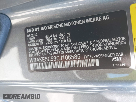 2012 BMW 3 Series 328i with VIN WBAKE5C59CJ106585, listed as a IAAI auction lot 42609841 with 145,617 mi miles and . Bid and sale history available at DreamBid. Image 9.