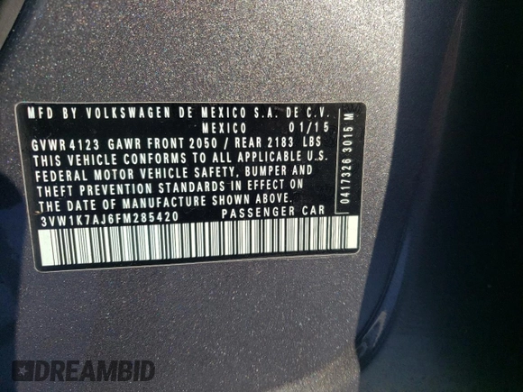 2015 Volkswagen Jetta S with VIN 3VW1K7AJ6FM285420, listed as a Copart auction lot 43416985 with 70,202 mi miles and Clean title. Bid and sale history available at DreamBid. Image 12.