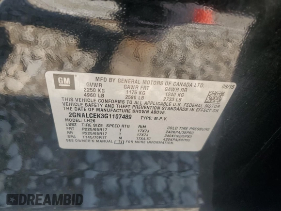 2016 Chevrolet Equinox LT z VIN 2GNALCEK3G1107489, wystawiony jako Copart lot #59288915 z przebiegiem 125 294 mil mil oraz Szkoda całkowita • Salvage title. Historia ofert i sprzedaży dostępna na DreamBid. Obrazek 13.
