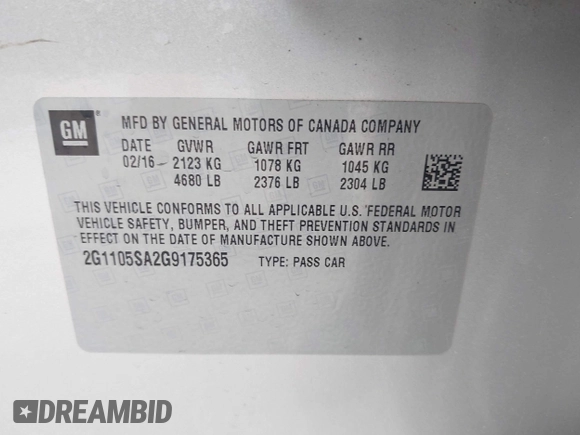 2016 Chevrolet Impala LT with VIN 2G1105SA2G9175365, listed as a IAAI auction lot 41896893 with 163,538 mi miles and . Bid and sale history available at DreamBid. Image 9.