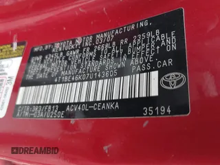 2007 Toyota Camry CE z VIN 4T1BE46K07U143605, wystawiony jako IAAI lot #42309258 z przebiegiem 142 489 mil mil oraz . Historia ofert i sprzedaży dostępna na DreamBid. Obrazek 9.