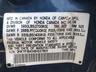 2006 Honda Pilot EX with VIN 2HKYF184X6H537601, listed as a IAAI auction lot 42226737 with 159,982 mi miles and . Bid and sale history available at DreamBid. Image 9.