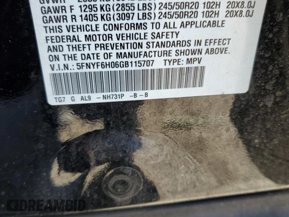 2016 Honda Pilot Elite with VIN 5FNYF6H06GB115707, listed as a Copart auction lot 45553295 with 0 mi miles and Salvage Title. Bid and sale history available at carsss.com. Image 13.