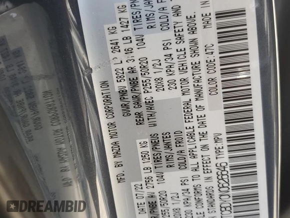2022 Mazda CX-9 Grand Touring with VIN JM3TCBDY0N0626646, listed as a Copart auction lot 61138535 with 34,054 mi miles and Non repairable. Bid and sale history available at DreamBid. Image 14.