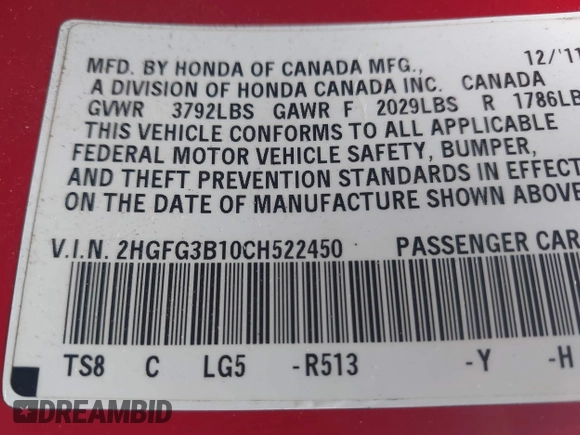 2012 Honda Civic Cpe EX-L with VIN 2HGFG3B10CH522450, listed as a IAAI auction lot 41432718 with 193,115 mi miles. Bid and sale history available at carsss.com. Image 9.