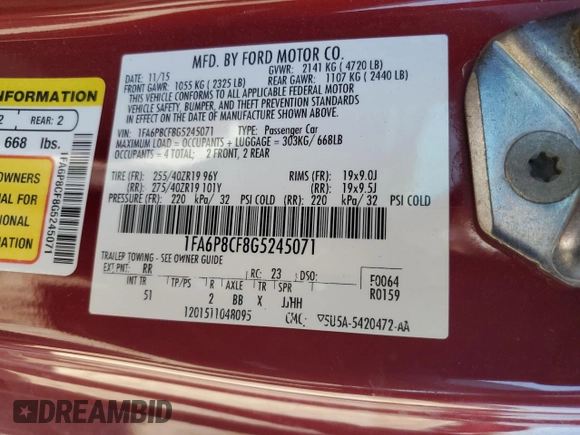2016 Ford Mustang GT with VIN 1FA6P8CF8G5245071, listed as a Copart auction lot 50435165 with 83,706 mi miles and Non Repairable. Bid and sale history available at DreamBid. Image 14.