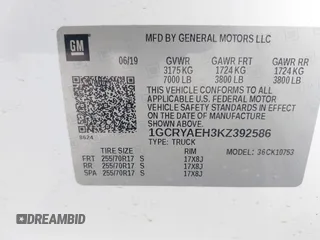 2019 Chevrolet Silverado 1500 Work Truck with VIN 1GCRYAEH3KZ392586, listed as a IAAI auction lot 42116607 with 122,537 mi miles and . Bid and sale history available at DreamBid. Image 9.