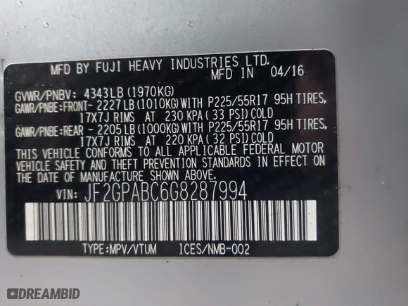 2016 Subaru Crosstrek Premium with VIN JF2GPABC6G8287994, listed as a IAAI auction lot 41859143 with 96,862 mi miles. Bid and sale history available at carsss.com. Image 9.