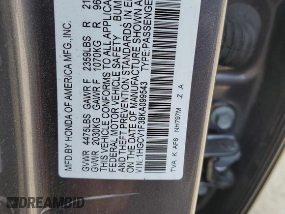 2019 Honda Accord Sport with VIN 1HGCV1F38KA099543, listed as a Copart auction lot 54767525 with 51,010 mi miles and Salvage Title. Bid and sale history available at DreamBid. Image 12.