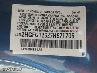 2007 Honda Civic Cpe LX with VIN 2HGFG12627H571705, listed as a IAAI auction lot 42024876 with 100,697 mi miles. Bid and sale history available at carsss.com. Image 9.