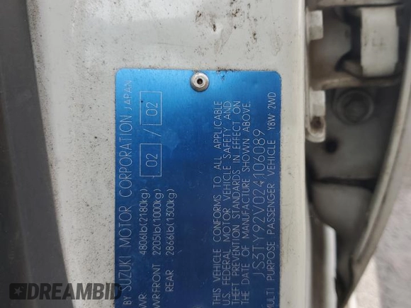 2002 Suzuki XL7 Standard z VIN JS3TY92V024106089, wystawiony jako Copart lot #58418685 z przebiegiem 232 254 mil mil oraz Szkoda całkowita • Salvage title. Historia ofert i sprzedaży dostępna na DreamBid. Obrazek 13.