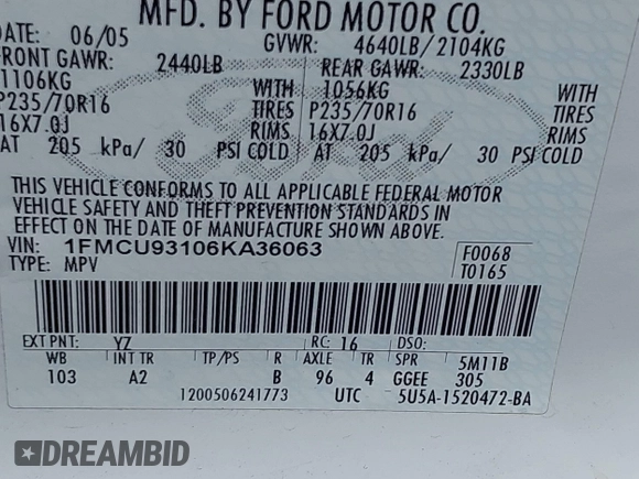 2006 Ford Escape XLT with VIN 1FMCU93106KA36063, listed as a IAAI auction lot 42610043 with 193,703 mi miles and . Bid and sale history available at DreamBid. Image 9.