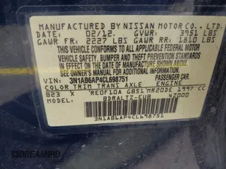 2012 Nissan Sentra SL with VIN 3N1AB6AP4CL698751, listed as a IAAI auction lot 42606923 with 161,619 mi miles and . Bid and sale history available at DreamBid. Image 9.