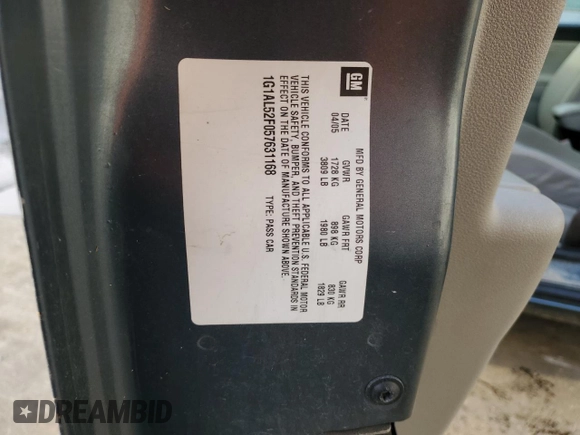 2005 Chevrolet Cobalt LS with VIN 1G1AL52F057631168, listed as a Copart auction lot 84554264 with 140,561 mi miles and Salvage Title. Bid and sale history available at DreamBid. Image 15.
