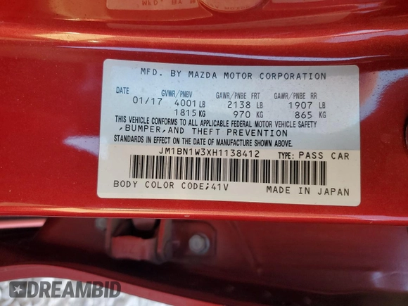2017 Mazda 3 Grand Touring with VIN JM1BN1W3XH1138412, listed as a Copart auction lot 49646515 with 110,023 mi miles and Salvage Title. Bid and sale history available at DreamBid. Image 12.