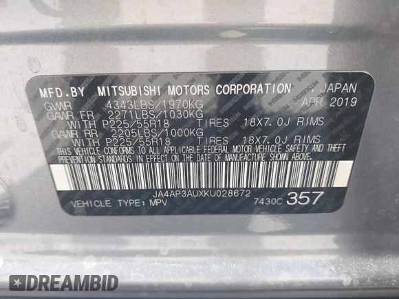 2019 Mitsubishi Outlander Sport ES 2.0 with VIN JA4AP3AUXKU028672, listed as a IAAI auction lot 41865384 with 145,783 mi miles. Bid and sale history available at carsss.com. Image 9.