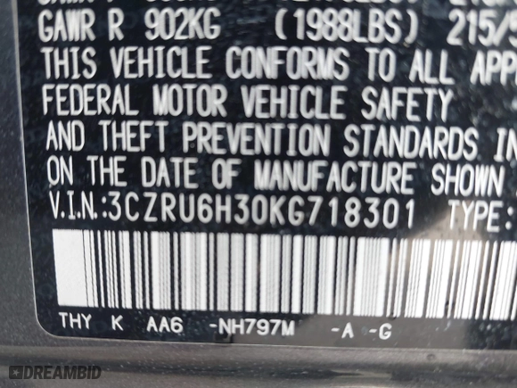2019 Honda HR-V LX with VIN 3CZRU6H30KG718301, listed as a IAAI auction lot 41882469 with 75,686 mi miles. Bid and sale history available at carsss.com. Image 9.