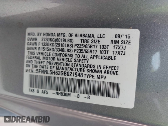 2016 Honda Odyssey EX-L z VIN 5FNRL5H62GB021948, wystawiony jako IAAI lot #42269019 z przebiegiem 147 189 mil mil oraz . Historia ofert i sprzedaży dostępna na DreamBid. Obrazek 9.