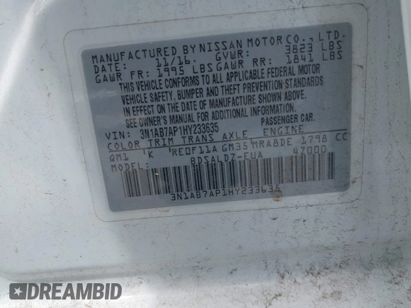2017 Nissan Sentra S with VIN 3N1AB7AP1HY233635, listed as a IAAI auction lot 42272480 with 87,074 mi miles and . Bid and sale history available at DreamBid. Image 9.