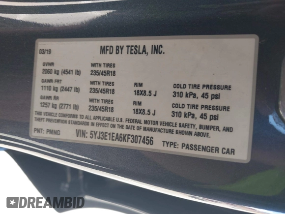 2019 Tesla Model 3 Mid Range with VIN 5YJ3E1EA6KF307456, listed as a IAAI auction lot 41944454 with 99,059 mi miles and . Bid and sale history available at DreamBid. Image 9.