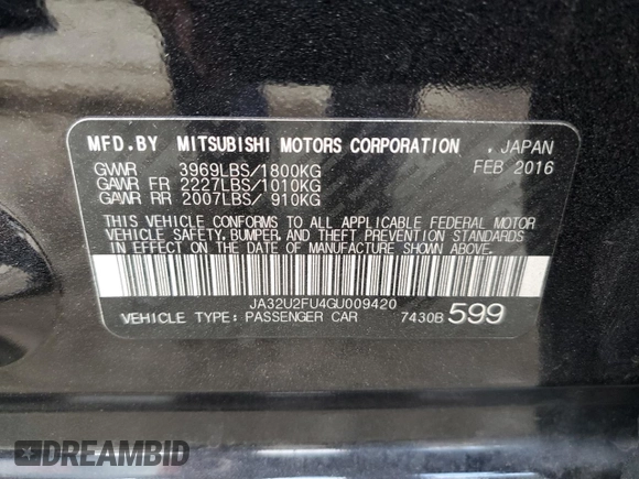 2016 Mitsubishi Lancer ES with VIN JA32U2FU4GU009420, listed as a Copart auction lot 74225654 with 120,657 mi miles and Salvage Title. Bid and sale history available at DreamBid. Image 12.