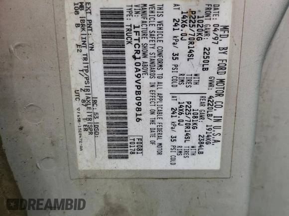 1997 Ford Ranger XLT with VIN 1FTCR10A9VPB09816, listed as a Copart auction lot 47438765 with 226,752 mi miles and Salvage Title. Bid and sale history available at DreamBid. Image 13.