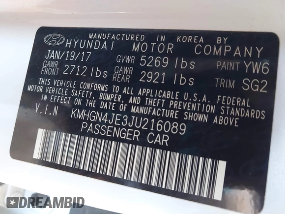 2018 Genesis G80 3.8L with VIN KMHGN4JE3JU216089, listed as a IAAI auction lot 42576639 with 57,382 mi miles and . Bid and sale history available at DreamBid. Image 9.