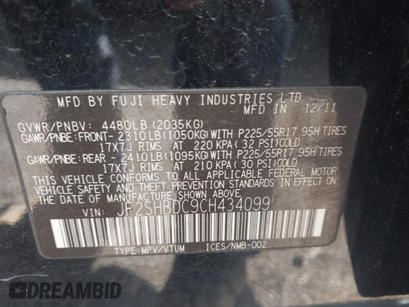 2012 Subaru Forester X Premium with VIN JF2SHBDC9CH434099, listed as a IAAI auction lot 42008660 with 172,275 mi miles and . Bid and sale history available at DreamBid. Image 9.